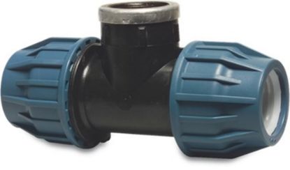 Afbeeldingen van JASON T-stuk 90° PP zwart/blauw 110X4"X110MM knel/binnendraad/knel 16bar DVGW/KIWA/WRAS/SVGW