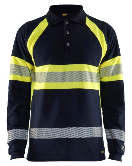 Afbeeldingen van BLÅKLÄDER Polo Multinorm piqué met lange mouwen 3438 marineblauw/High Vis geel S