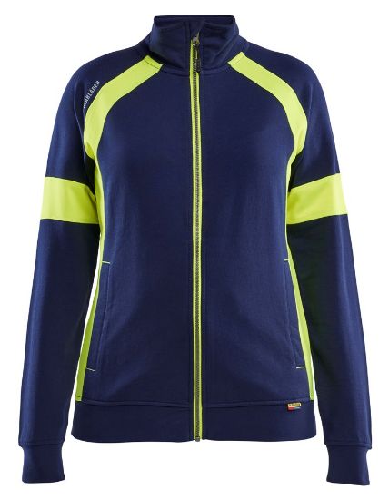 Afbeeldingen van BLÅKLÄDER Sweater dames Visible met rits 3568 marineblauw/High Vis geel S