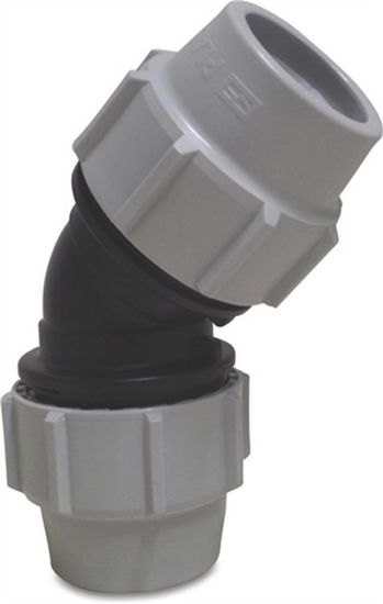 Afbeeldingen van Knie 45° PP knel zwart/wit 50MM 16bar KIWA
