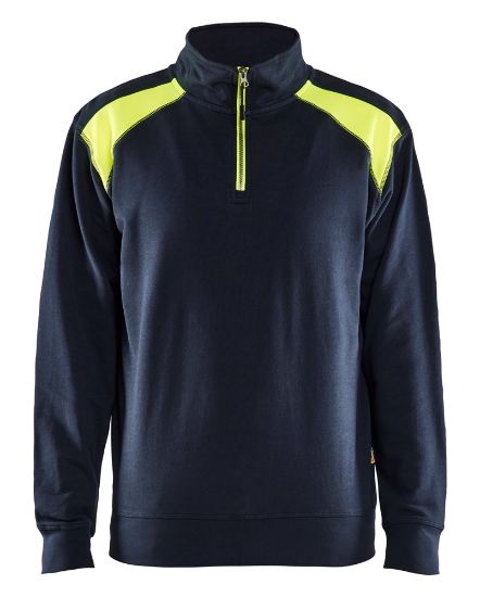 Afbeeldingen van BLÅKLÄDER Sweater bi-colour met halve rits 3353 donker marineblauw/High Vis geel M