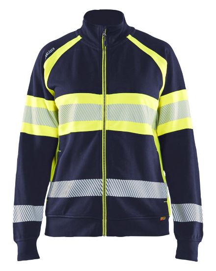Afbeeldingen van BLÅKLÄDER Sweater dames met rits 3505 marineblauw/High Vis geel L