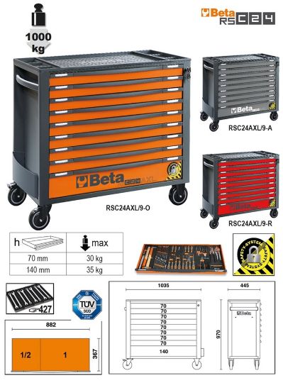 Afbeeldingen van BETA Gereedschapswagen 9 lades rood RSC24AXL/9-R