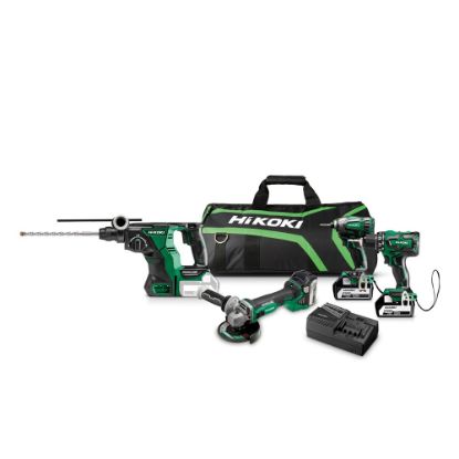 Afbeeldingen van HIKOKI Accu combo pack KC18DG4LWDZ, accu boorschroefmachine DS18DBSL + accu boorbreekhamer DH18DBL SDS-Plus + slagschroevendraaier 1/4" WH18DBDL2 + accu haakse slijper G18DSL + 3x 18V 5,0Ah in DRAAGTAS