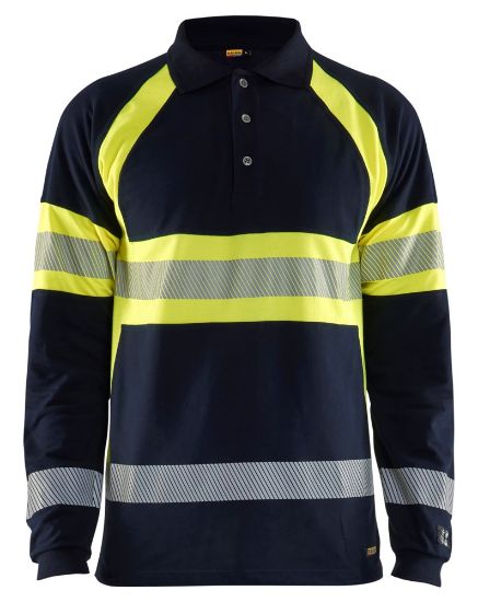 Afbeeldingen van BLÅKLÄDER Polo Multinorm piqué met lange mouwen 3438 marineblauw/High Vis geel M