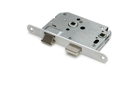 Afbeeldingen van DX WC-badkamerslot doornmaat 50MM ronde voorplaat RVS inclusief rechthoekige sluitplaat