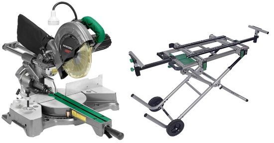Afbeeldingen van HIKOKI Afkortzaag C8FSHEUAWZ 230V 1050W 216MM zaagcapaciteit 65X312MM AS 30MM LASER EN LED VERLICHTING inclusief ONDERSTEL 712650