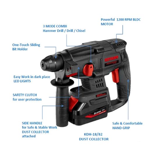 Afbeeldingen van KEYANG Accu combihamer HD18BL 18V SDS-Plus 2kg 5,0Ah