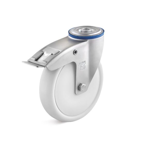 Afbeeldingen van TORWEGGE Zwenkwiel PP wit zonder plaat met rem 200X47MM h=235MM 350kg