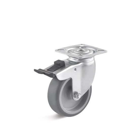 Afbeeldingen van TORWEGGE Zwenkwiel thermoplastic rubber grijs met plaat en rem 75X25MM h=100MM 50kg 4x