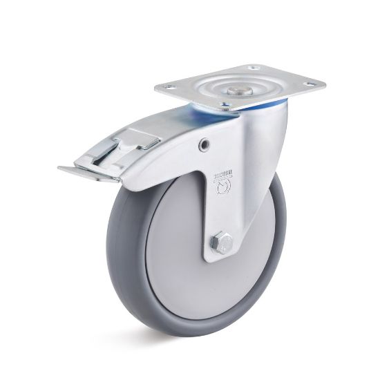 Afbeeldingen van TORWEGGE Zwenkwiel thermoplastic rubber grijs met plaat en rem 160X40MM h=190MM 180kg