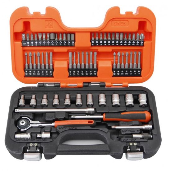 Afbeeldingen van BAHCO Bit- & doppenset ¼" DIN3120 65-delig