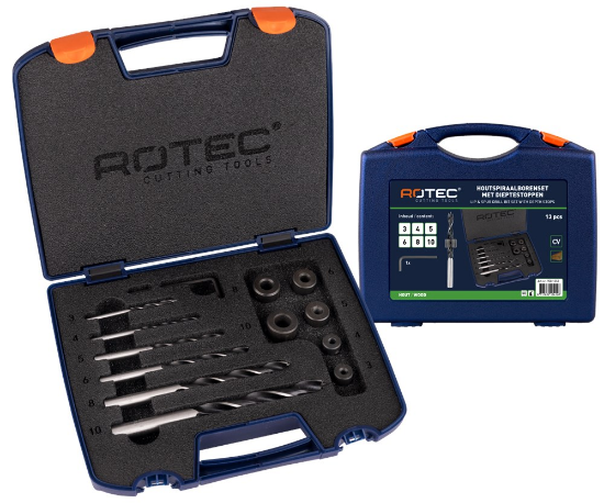 Afbeeldingen van ROTEC Houtspiraalborenset 235 met dieptestoppen 13-delig 3-10MM