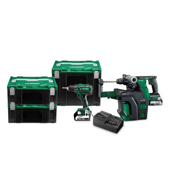 Afbeeldingen van HIKOKI Accu combo pack KC18DRBLWBDZ, accu boorschroefmachine DS18DBSL + accu boorbreekhamer DH18DBL SDS-Plus + 2x 18V 5,0Ah in HSC IV en 2x HSC II inclusief stofafzuigunit