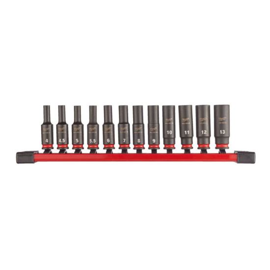 Afbeeldingen van MILWAUKEE Doppenset SHOCKWAVE ¼" lang op rail 12x