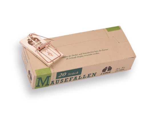 Afbeeldingen van LUNA Muizenval hout LUNA 20 stuks los in doos. Verkoopprijs p/st € 0,85 incl.BTW