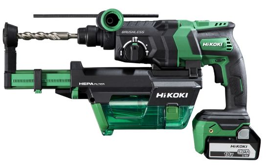 Afbeeldingen van HIKOKI Accu boorbreekhamer DH18DPCWUZ SDS-Plus 18V pistoolmodel BL 3,2J MV 2x 5,0Ah in HSC IV inclusief stofafzuigunit