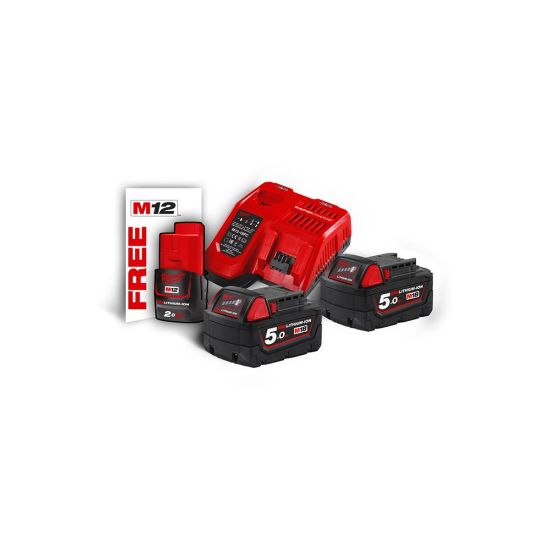 Afbeeldingen van MILWAUKEE Accu NRG pakket M18NRG-502 18V 2x accu 5,0Ah + 1x accu 2,0Ah + lader M12-18FC