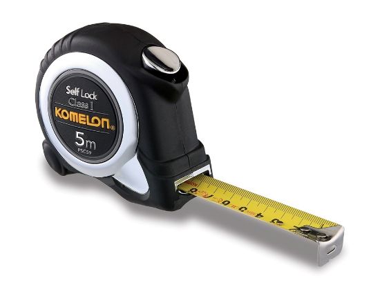 Afbeeldingen van KOMELON Rolmaat Self-Lock 5M 19MM Klasse I staal/nylon gecoate band in ABS/chroom rubber kast