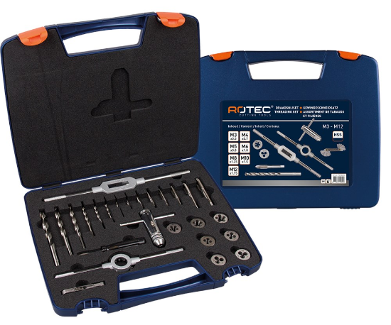 Afbeeldingen van ROTEC Handtappen- snijplaten- en borenset 26-delig M3-M12 ABS