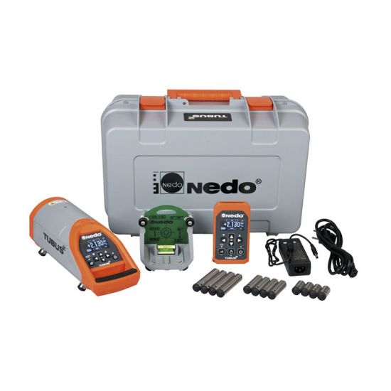 Afbeeldingen van NEDO Rioollaser TUBUS 2 inclusief draadloze afstandsbediening, in hoogte verstelbare doelplaat, voetenset voor buisdiameters van 150 mm, 200 mm, 250 mm en 300 mm, acculader, robuuste transportkoffer laser-klasse 3R 472210