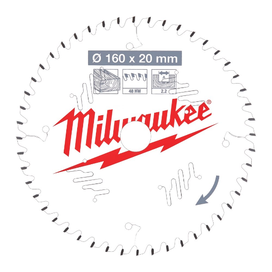 Afbeeldingen van MILWAUKEE Cirkelzaagblad P W hout 160X20X2,2MM ATB 48T +5°