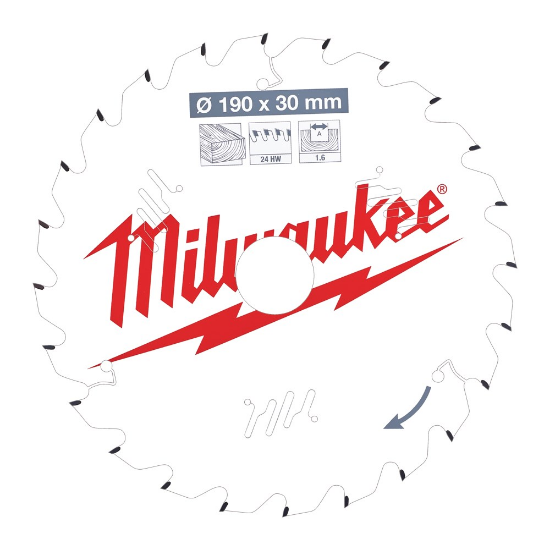 Afbeeldingen van MILWAUKEE Cirkelzaagblad P W hout 190X30X1,6MM Thin Kerf ATB 24T +15°