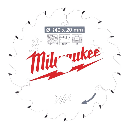 Afbeeldingen van MILWAUKEE Cirkelzaagblad P W hout 140X20X1,6MM Thin Kerf ATB 18T +18°