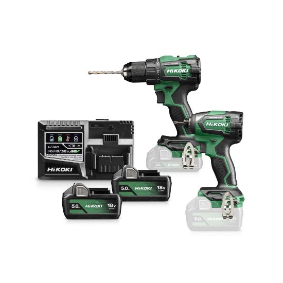 Afbeeldingen van HIKOKI KC18DE WCZ, DV18DE ACCU KLOP-BOOR-SCHROEFMACHINE 70 Nm en WH18DE SLAGSCHROEVENDRAAIER 1/4" 18V, BL, 172 Nm, MV, 2x 18V 5,0Ah in HSC III