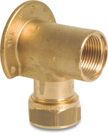 Afbeeldingen van Muurplaat 90° messing 15X½" knel/binnendraad KIWA/GASTEC