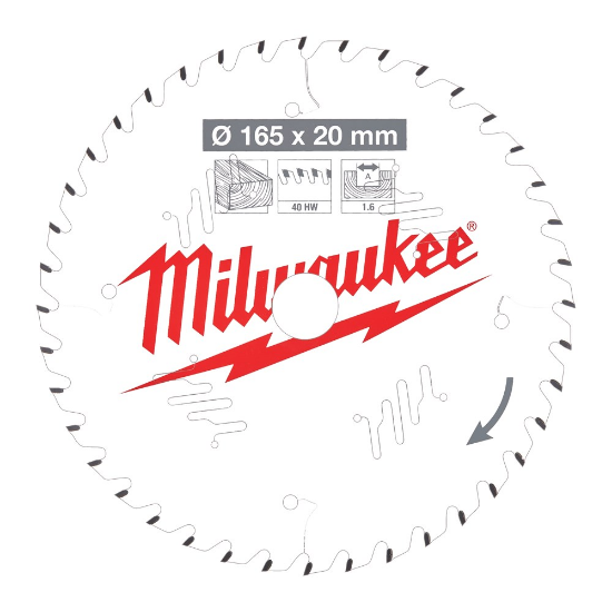 Afbeeldingen van MILWAUKEE Cirkelzaagblad P W hout 165X20X1,6MM Thin Kerf ATB 40T +18°