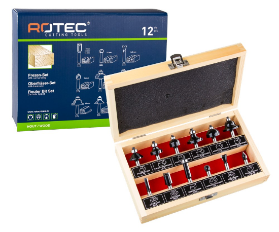 Afbeeldingen van ROTEC Houtfrezenset 12-delig meest courante modellen in houten kist