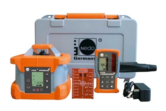 Afbeeldingen van NEDO Rotatielaser PRIMUS 2 HVA inclusief combi-module laserontvanger COMMANDER 2 HVA (laserontvanger met radiografische afstandsbediening), Heavy-Duty baakklem, Quick-Fix, accu's, lader en koffer laser-klasse 3R 472050