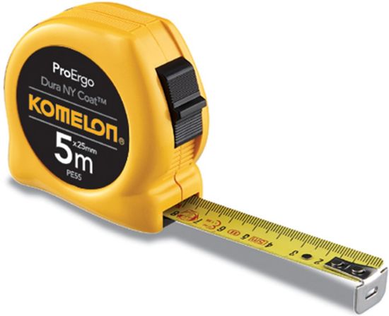 Afbeeldingen van KOMELON Rolmaat ProErgo 5M 25MM staal/nylon gecoate band in gele ABS kast