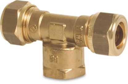 Afbeeldingen van T-stuk 90° messing 15X¼"X15MM knel/binnendraad/knel KIWA/GASTEC