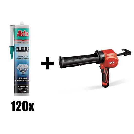 Afbeeldingen van AKFIX ACTIESET MS polymeer hybrikit transparant 290ML 120x + Accu kitspuit 12V t.w.v. €222,48