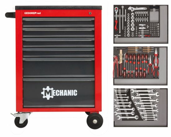 Afbeeldingen van Gereedschapwagen 6 laden rood + 129-dlg set