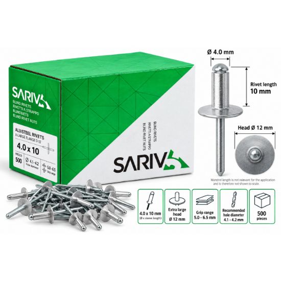 Afbeeldingen van SARIV Blindklinknagels/Popnagels 4,0x10 mm Aluminium/Staal – Grote Kop Ø12 mm – 500 stuks